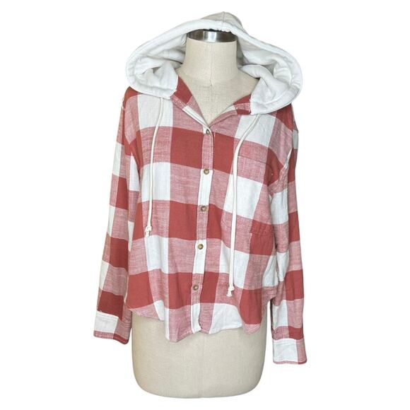 LOVE TREE Orange White Plaid Hooded Long Sleeve Button Down Flannel Size Small - Picture 1 of 6